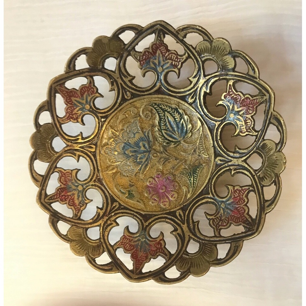 Antique Champleve on Brass Filigree Bowl undated